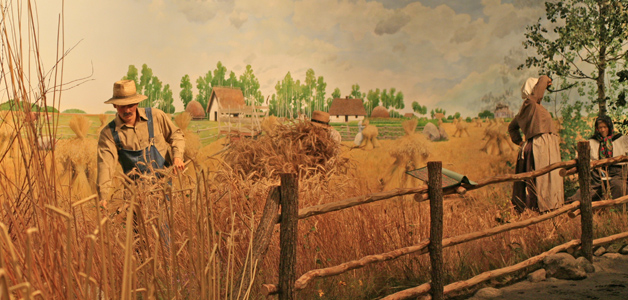 Photo of the 'Ukrainian Rye Farm/Delta Marsh' dioramas in the Parklands/Mixedwoods Gallery at The Manitoba Museum, Winnipeg.