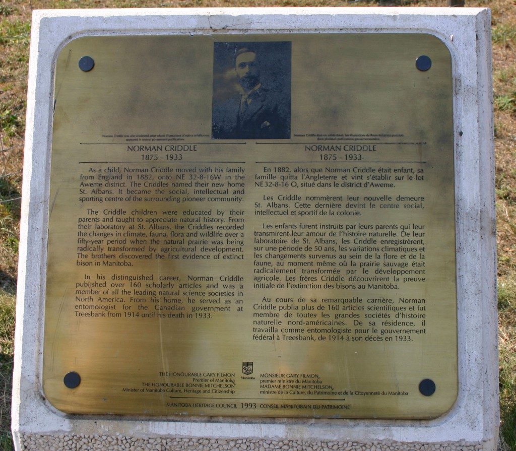 A photograph of a plaque about Norman Criddle at the Criddle-Vane Homestead Provincial Heritage Park in southwest Manitoba.